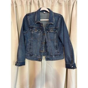 Free People Denim Jacket Medium Wash Paisley Bandana Print Lined  Womens M